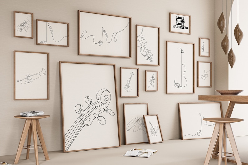 Stringed Instruments Minimalist Music Gallery Set of 15 Drawings, Violin Decoration, Minimalist Line ...