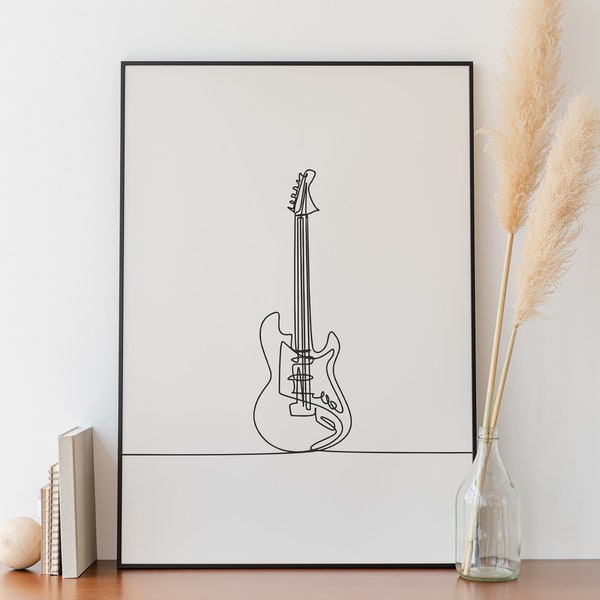 Minimalist Guitar line art, Guitar poster print, Music instrument single line drawing, Gift for musician, Music Printable, Simple Sketch