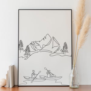 Minimalist Mountain Line Art, Outline Drawing, Digital Download, Landscape Pine Tree poster, Nature Decoration, Scenery Print, Simple Sketch