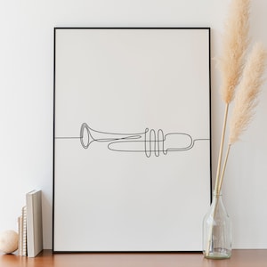 Minimalist Trumpet Line art, Digital Download, Instrument Drawing, Music Outline Print, Room Decoration, Simple Sketch, Musician Gift, Black