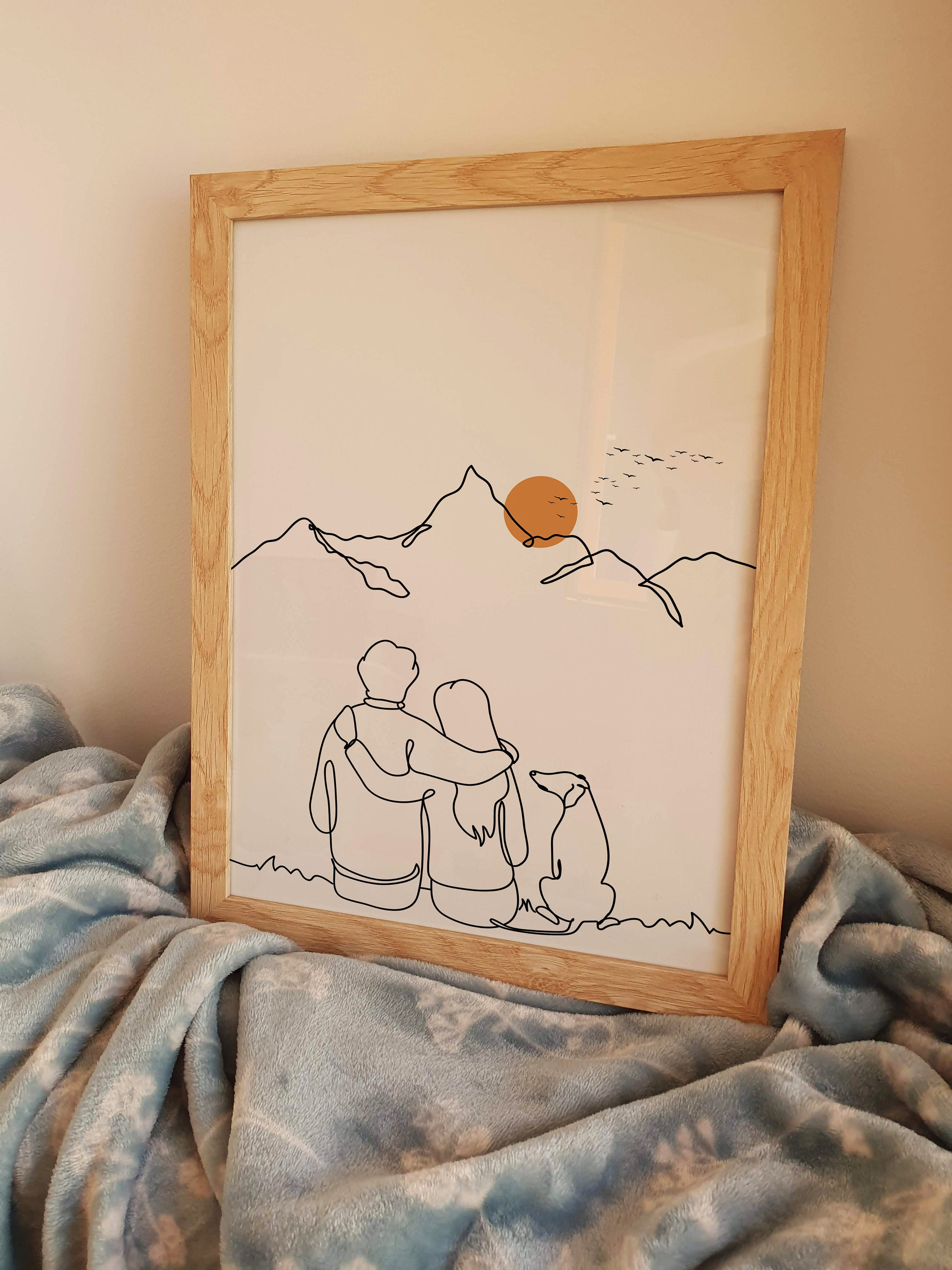 Buy Couple With Dog Poster, Hiking Drawing, Minimalist Line Art
