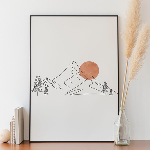 Minimalist Mountain Line art , Printable wall art, Digital Download, Landscape drawing poster, Nature home decor, Wood Scenery Print Sun