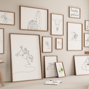 Western Gallery Set von 15 Zeichnungen, Minimalistische Linie Kunstdruck, Cowboy Poster Geschenk, Digitale Datei, Howdy, Wilder Westen Kaktus, Lasso Reitpferd