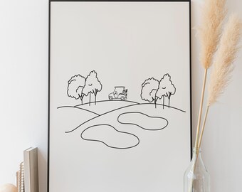 Lámina minimalista de arte lineal de carrito de golf, boceto deportivo (descarga digital)