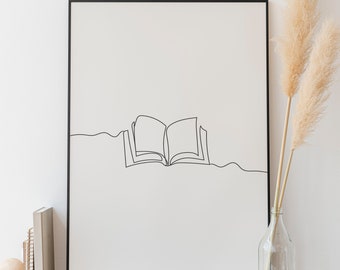 Minimalist Book Line Art, Digital Download, Books Outline Drawing, Reader Simple Sketch, Room Decoration, Reading Prints, Black Hand Drawn