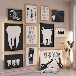 Galería de dentistas infantiles, conjunto de 11 dibujos, decoración de consultorio dental para niños, impresión de odontología, archivo digital de clínica, póster de dientes de ortodoncista
