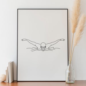 Minimalist Swimmer Line Art Art, Digital Download, Sport Print, Swimming Human Sketch Printable, Athlete Men Exercise, Simple Sketch, Black