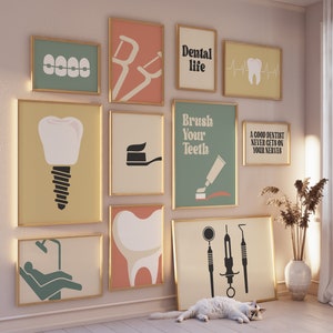 Retro Zahnarzt Galerie Set mit 11 Zeichnungen, Zahnarztpraxis Dekoration, Zahnmedizin Druck, Zahnbürste Poster, Klinik Digitale Datei, Zahn, Zahnseide