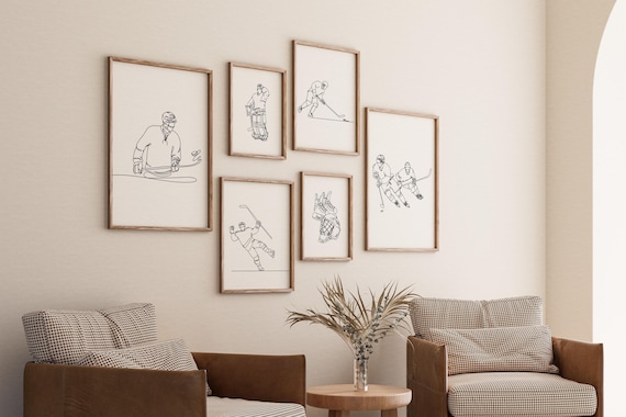 Ice Hockey Gallery Set of 6 Drawings, Goaltender Player Decoration, Minimalist Line Art Print, Sport Poster, Athlete Digital File, Skater