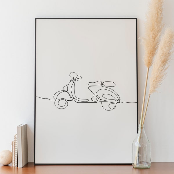 Dessin au trait scooter minimaliste, téléchargement numérique, impression Vespa, croquis simple, décoration de chambre, oeuvre imprimable, dessin noir blanc, cadeau