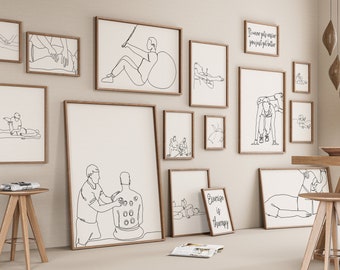 Sport Therapy Gallery Set of 15 Drawings, Minimalist Line Art Print, Physiotherapy Office Poster, Athlete Injury Recovery Digital File