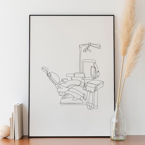 Minimalistische tandartsstoel zeer fijne tekeningen, digitale download, tanden omtrek tekenen, Office Print, afdrukbare tandheelkundige kliniek, eenvoudige schets, decoratie