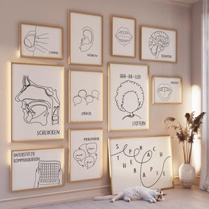 Galleria d'arte minimalista di linee di logopedia, set di 11 disegni, decorazione per ufficio, stampa tedesca, poster di logopedista, regalo di file digitale