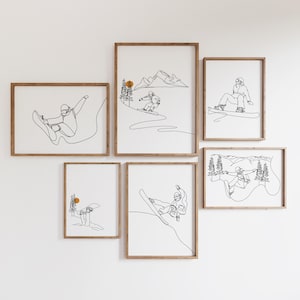 Ensemble de 6 dessins de la galerie de snowboard, impression d'art au trait minimaliste, affiche de snowboarder, cadeau d'athlète, cadeau de fichier numérique de ski, croquis de lambeau