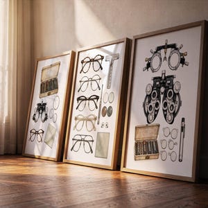 Könnte beinhalten: Drei gerahmte Wandbilder mit detaillierten Illustrationen von Optik-Ausrüstung, darunter verschiedene Brillenmodelle, Messgläser-Sets, Phoropter und manuelle Diagnoseinstrumente in Schwarz, Weiß und gedeckten Erdtönen.
