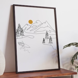 Minimalistische Berglinie Kunstdruck, digitaler Download, Kayak erkunden Zeichnung, Geschenk Kanu, Landschaft Rafting Zeichnung, einfache Skizze Paar