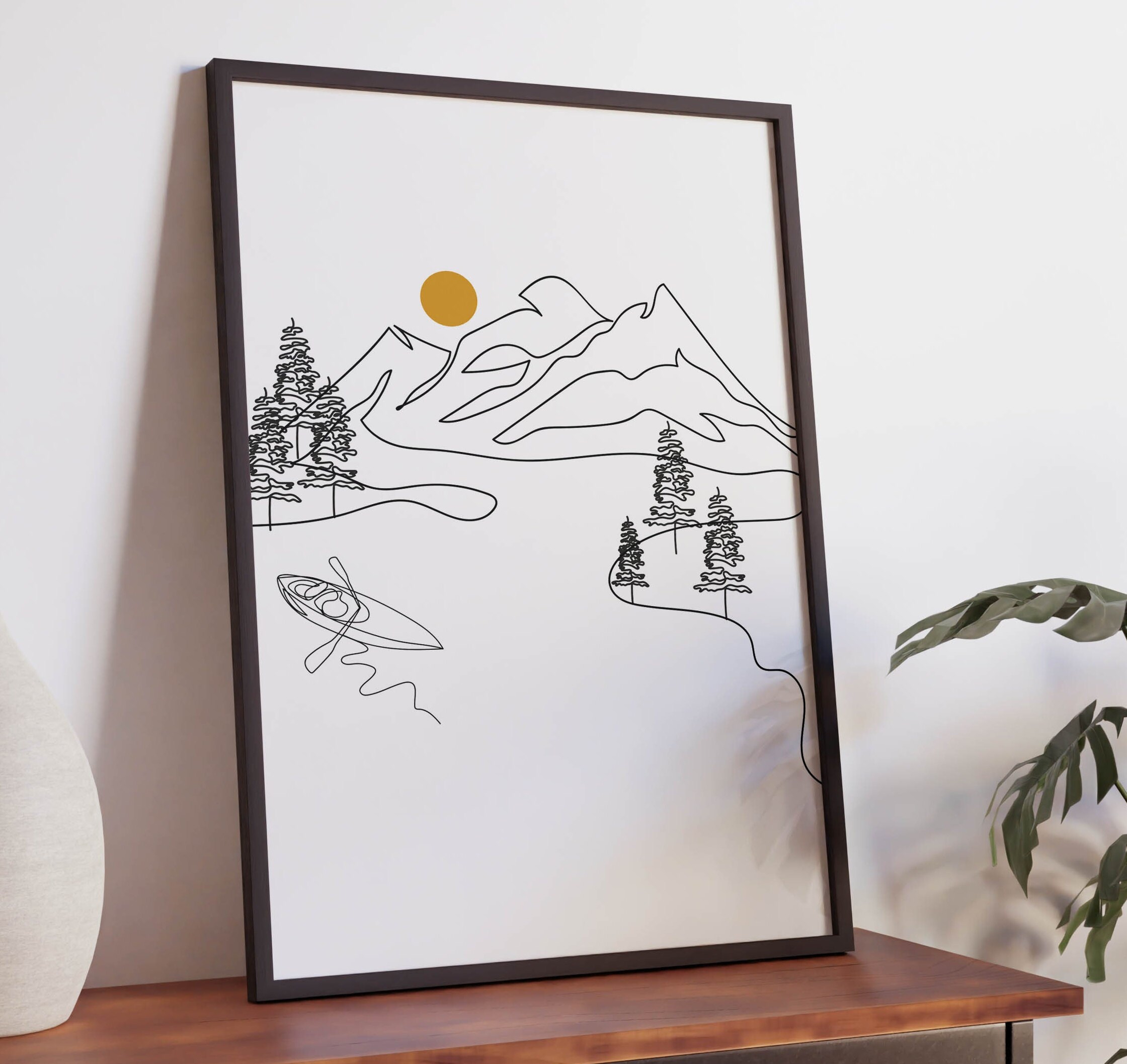 Minimalist Mountain Line Art Print, Digital Download, Kayak
