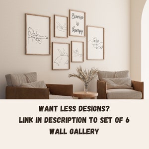 May include: A wall gallery featuring six framed prints with line drawings of people exercising. The prints are arranged in a rectangular shape and the text "Exercise is therapy" is featured on one of the prints.