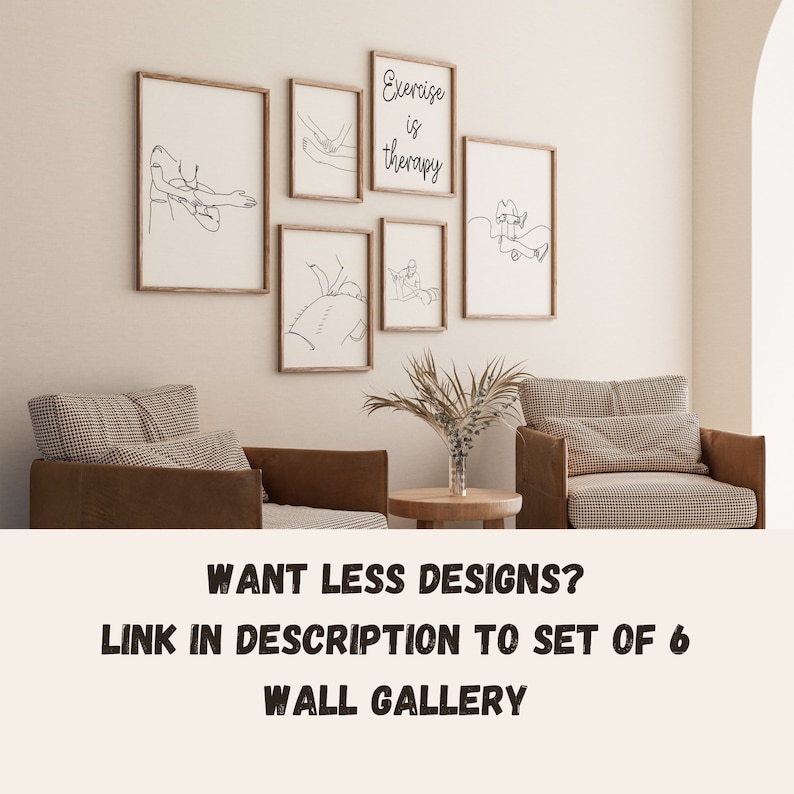 May include: A wall gallery featuring six framed prints with line drawings of people exercising. The prints are arranged in a rectangular shape and the text "Exercise is therapy" is featured on one of the prints.