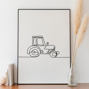 Minimalist Tractor line art , Digital Download, Transportation Wall Art, Black And White Sketch Printable, Room Nursery Drawing Poster