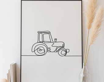 Minimalist Tractor line art , Digital Download, Transportation Wall Art, Black And White Sketch Printable, Room Nursery Drawing Poster