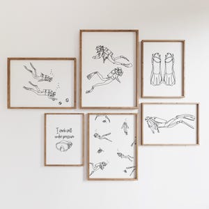 Minimalist Scuba Diving Wall Gallery Set 6, Line Art, Digital File, Sport Printable, Ocean Diver Poster, Snorkeler Prints Gift, Snorkeling