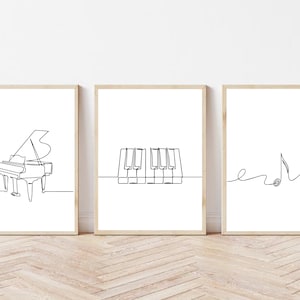 Minimalist music print, Piano poster, Set of 3 wall art, Music line art, Note printable, Single line, Digital, Instrument drawing gift image 8