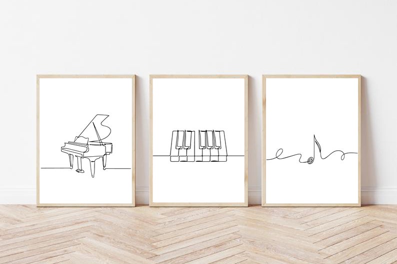 Minimalist music print, Piano poster, Set of 3 wall art, Music line art, Note printable, Single line, Digital, Instrument drawing gift image 8