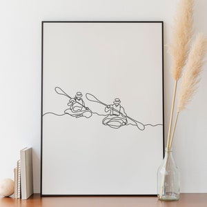 Minimalist Kayak line art ,Water Sport print, Couple Kayaking ,Digital Download, Simple Sketch,  Room Decoration, Printable Outline