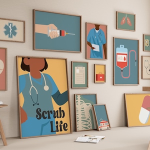 Ensemble de 15 dessins d'infirmière rétro, santé médicale, décoration de bureau, impression d'hôpital, affiche de médecin, fichier numérique de clinique, vie de gommage