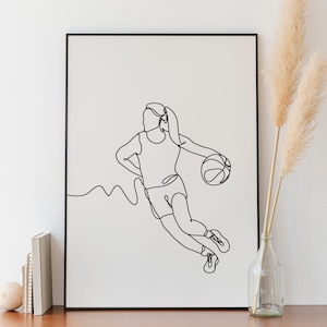 Minimalist Basketball line art , Sport Printable, Digital Download, Ball poster, Slam Dunk Poster Sketch, Female Athlete, Simple Sketch