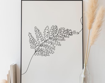 Minimalist Fern Line art, Digital Download, Plant Print, Simple Sketch, Room Decoration, Printable Drawing, Black White Poster