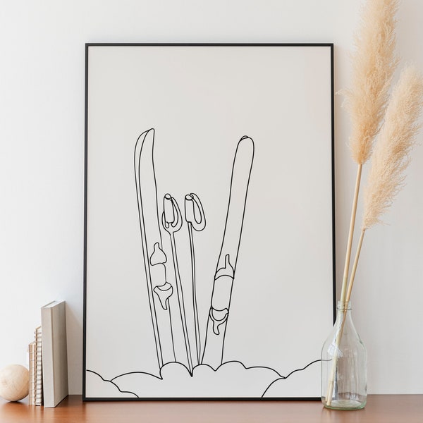 Minimalist Ski Gear Line Art, Sport Outline Drawing, Digital Download, Skiing Equipment, Simple Sketch, Room Decoration, Skier Prints