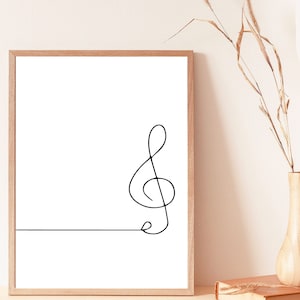 May include: A black and white line drawing of a treble clef on a white background in a wooden frame.
