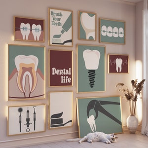 Retro Zahnarzt Galerie Set mit 11 Zeichnungen, Zahnarztpraxis Dekoration, Zahnmedizin Druck, Zahnbürste Poster, Klinik Digitale Datei, Zahn, Zahnseide