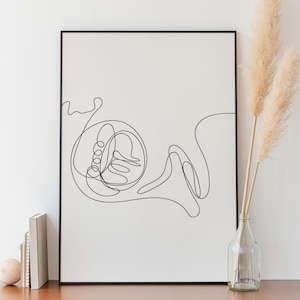 Arte mural musical minimalista, impresión de instrumento de trompa, impresión de dibujo de línea continua, póster imprimible para decoración del hogar, descarga digital