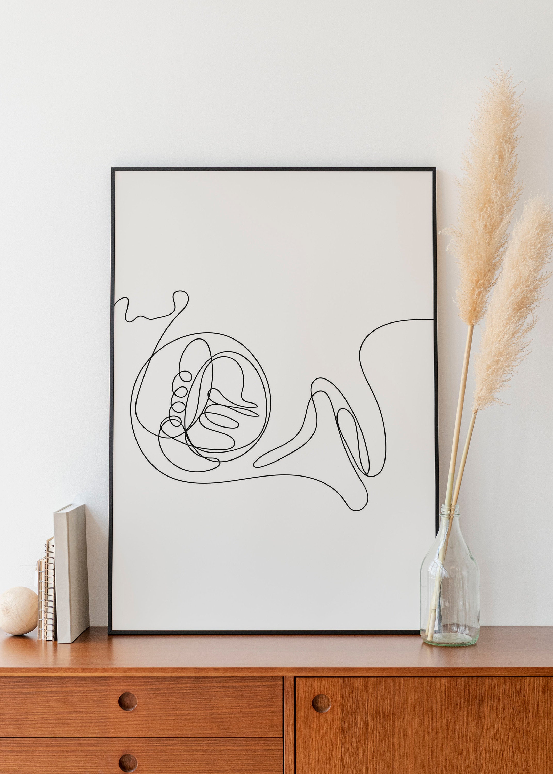 Minimalist Music Wall art, French Horn Instrument print, Continuous Line Art Drawing Print, Printable Home Decor Poster, Digital Download