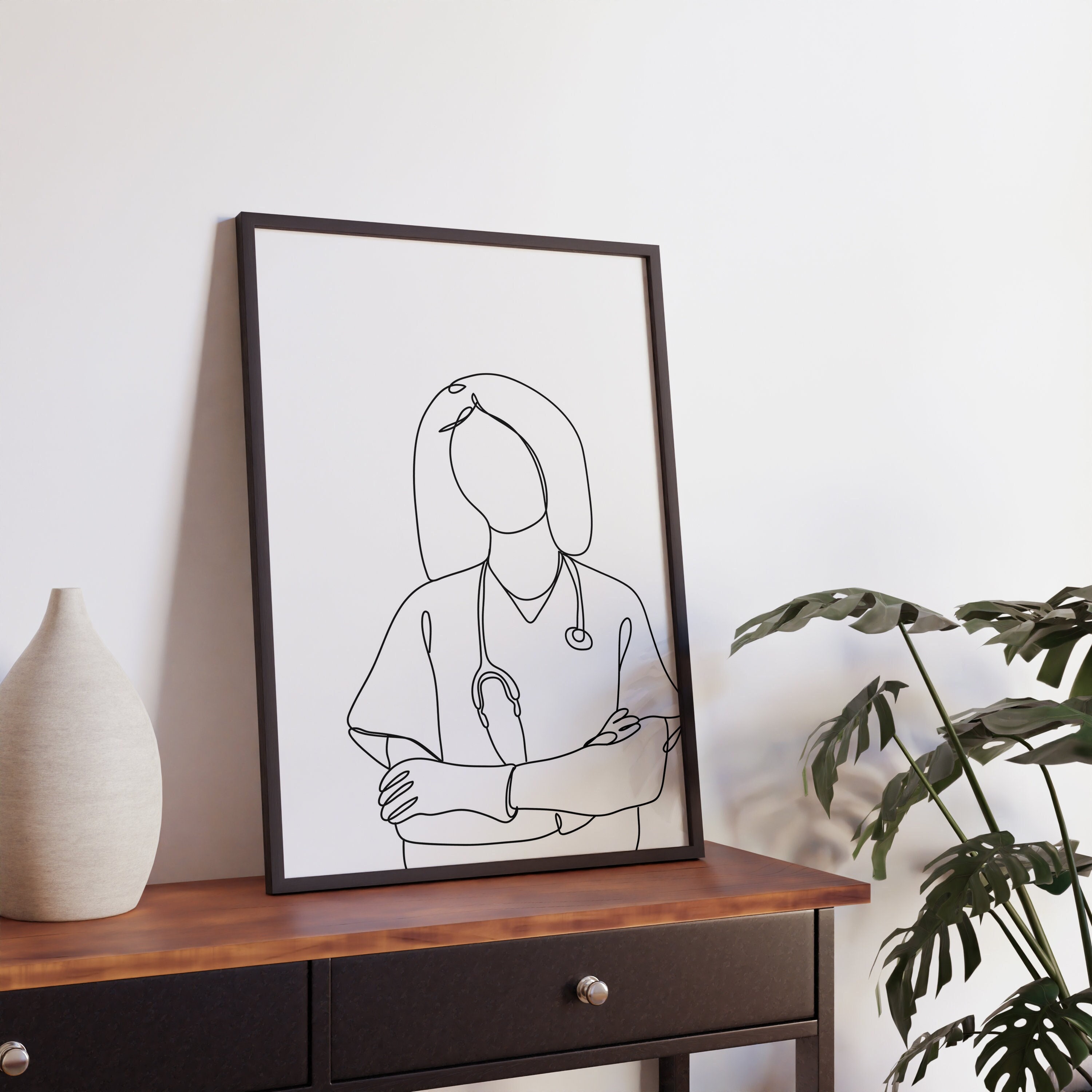 Minimalist Nurse Line Art, Digital Download, Medical artwork, Pediatric Print, Clinic Printable Sketch, Hospital Doctor