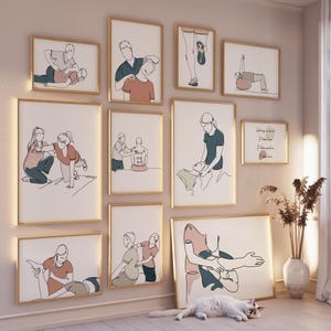 Peut inclure: Une galerie murale d'illustrations encadrées représentant différentes poses et techniques de physiothérapie. Les illustrations sont réalisées en noir et blanc avec une palette de couleurs rose pâle et marron. Le texte sur l'un des cadres indique "Holding is the best if you have pain, don't force position, breathe slow"