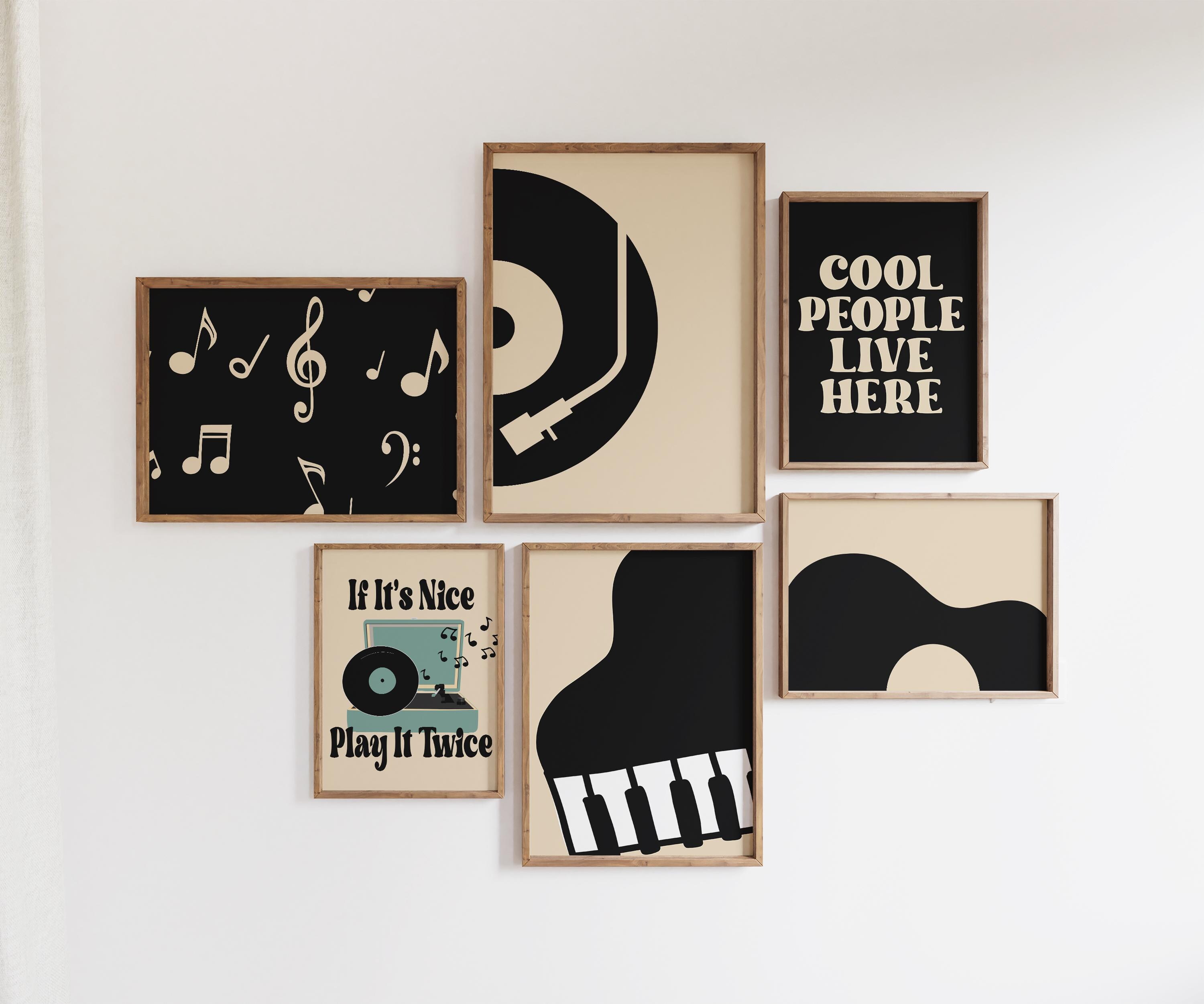 Retro Music Wall Art Gallery, Groovy Set 6, Turntable Poster, Piano Keys Print, Room Decoration, Digital File, Note Drawing, Microphone Gift