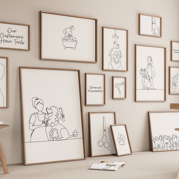 Dog grooming Gallery Set of 15 Drawings, Animal Saloon Decoration, Minimalist Line Art Print Poster, Digital File, Trim Pet, Gift Printable
