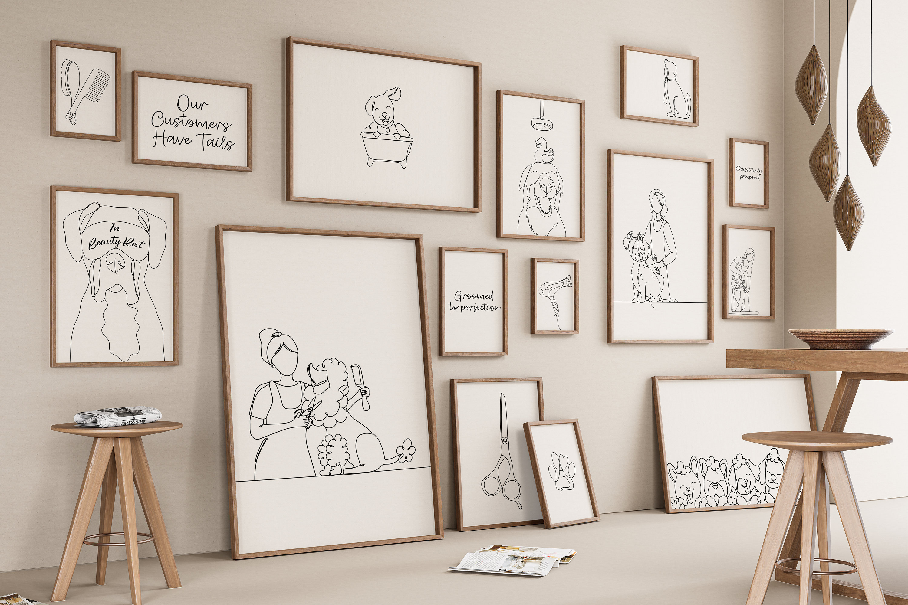 Grooming Line Drawing Dog Grooming Gallery Set of 15 Drawings, Animal Saloon Decoration ...