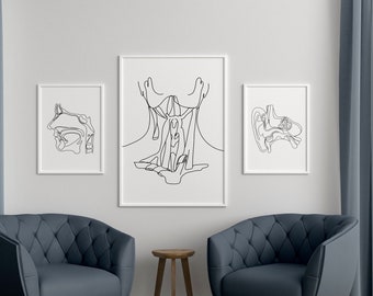 Anatomía humana minimalista, arte lineal de garganta, oído, nariz y órganos, archivo digital, impresión de tiroides, dibujo médico, decoración clínica, médico otorrinolaringólogo.