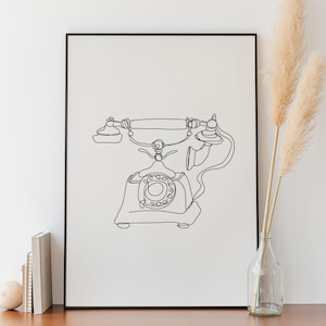 Minimalist Retro phone Line art, Digital Download, Vintage Print, Simple Sketch, Printable Room Decoration, 90&#39;s Telephone Drawing, Outline