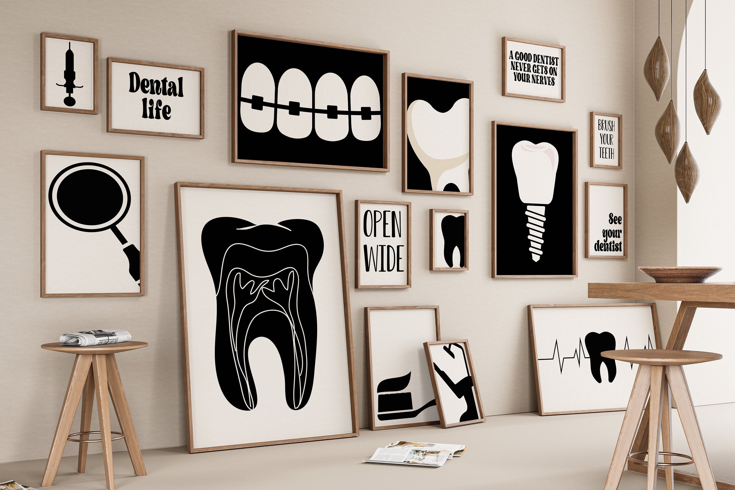 Dentist Gallery Set of 15 Drawings, Dental Office Decoration, Dentistry Print, Toothbrush Poster, Clinic Digital File, Tooth, Black White