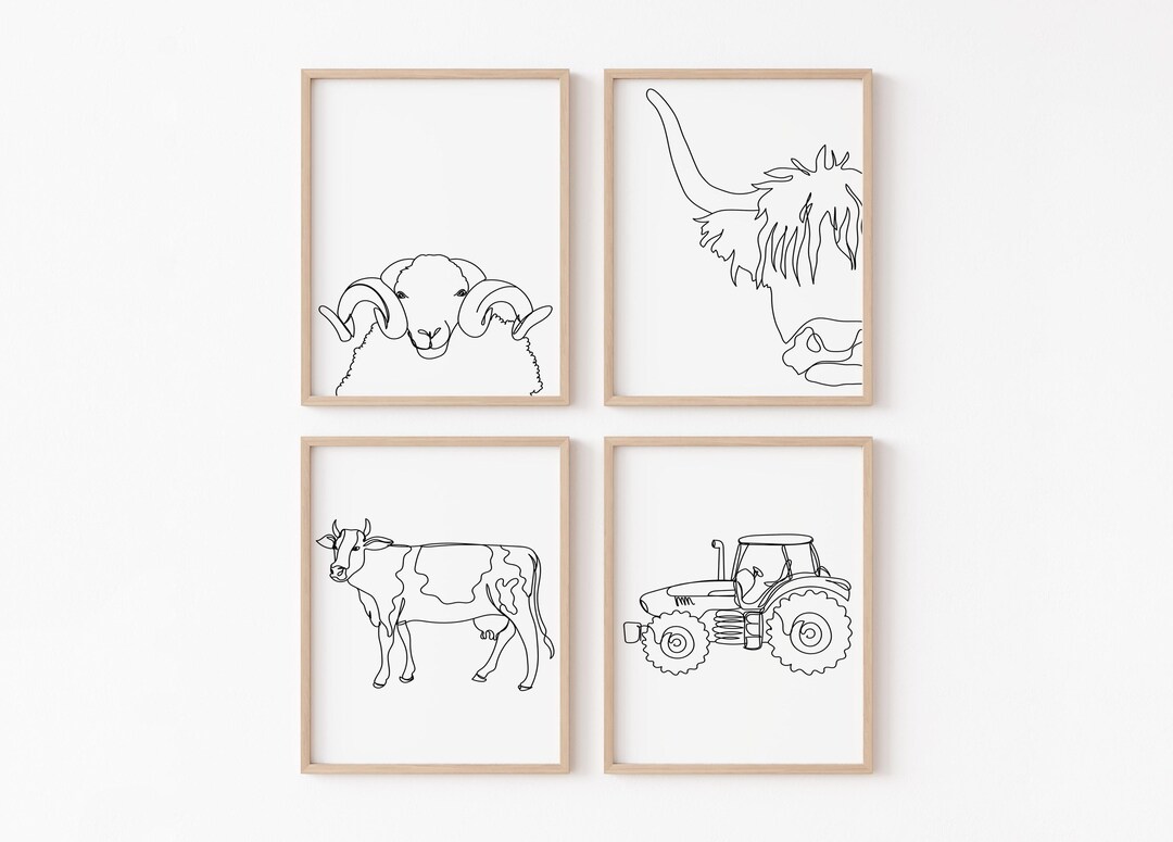 Minimalist Farm Animal Line Art Set Gallery of 4, Sheep Wall Art