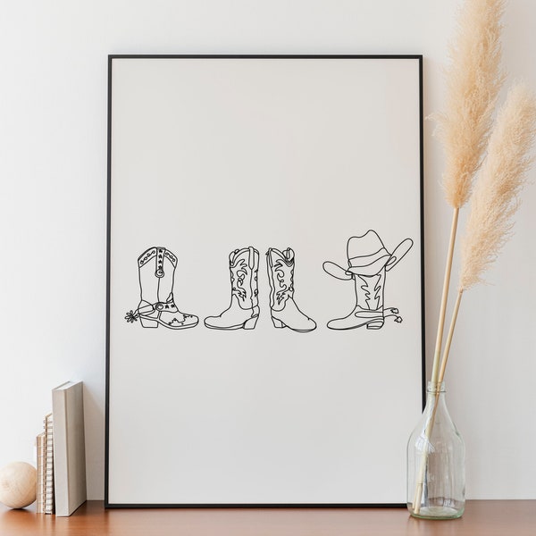 Minimalistische Cowboy Boots Hat Line art, Digital Download, Western Print, Country Simple Sketch, Texas Outline Drawing, Wild West Southwestern