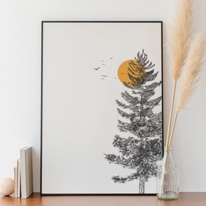 Minimalist Pine Tree Sketch, Scenery Line art, Digital Download, Outline drawing poster, Nature Decoration, Sunrise Birds, Sunset Printable