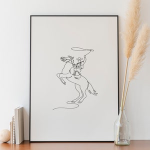 Minimalist Cowboy Line art, Digital Download, Horse Rider Lasso Print, Simple Horseback Sketch, Texas Riding Drawing, Wild West Western