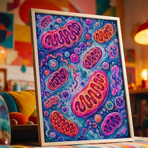 Op de afbeelding: Een ingelijste rechthoekige kunstdruk met een levendige, kleurrijke illustratie van biologische mitochondriën en celstructuren in tinten felroze, oranje en diepblauw, tegen een donkere, getextureerde achtergrond.